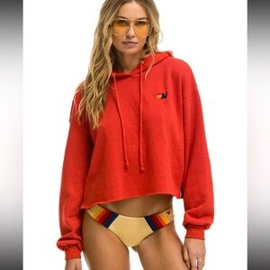AN Bolt Striped Relaxed Cropped Pullover Hoodie - Red